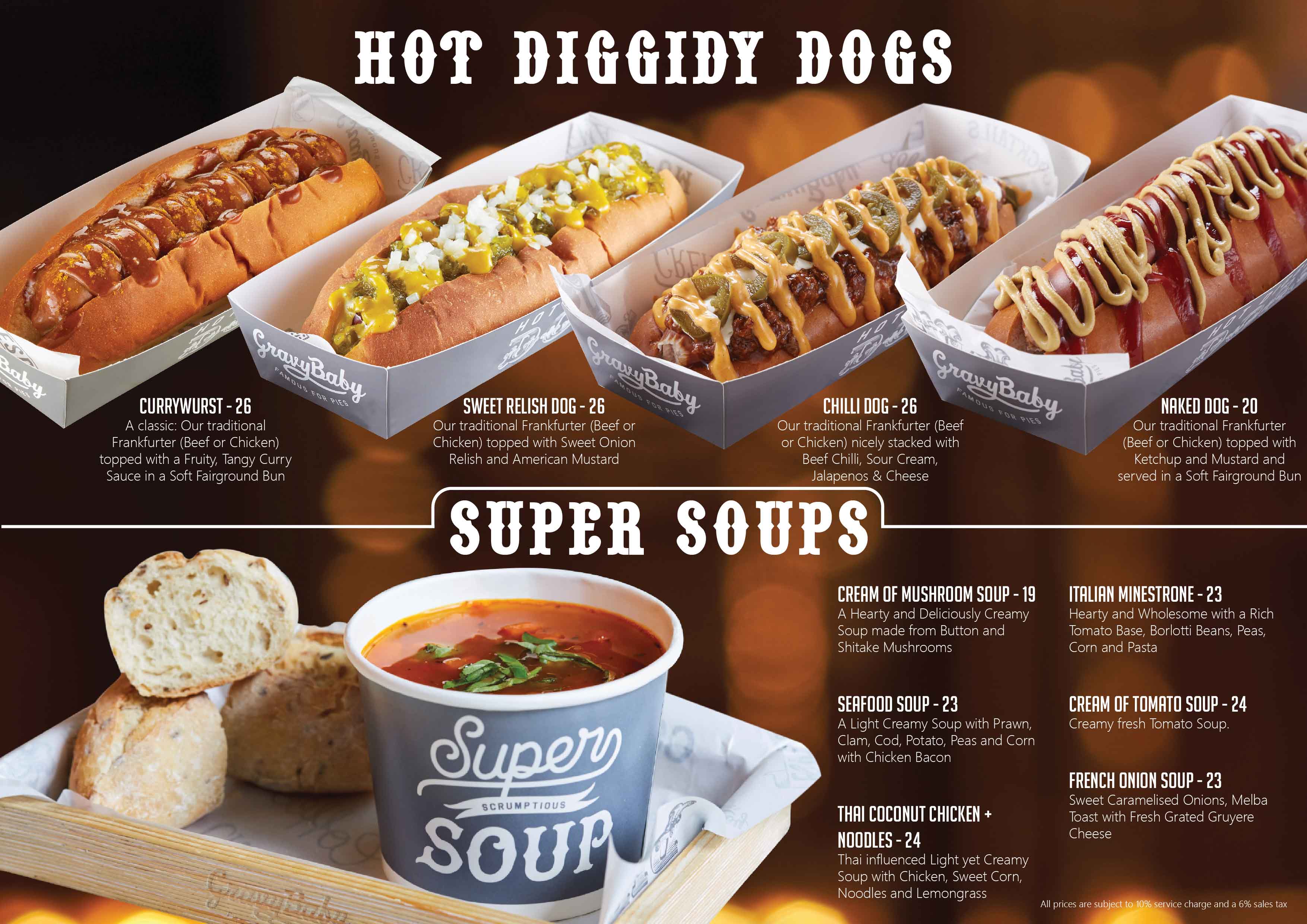 hot diggidy dogs, super soups, wonderful waffales, ice cream HQ